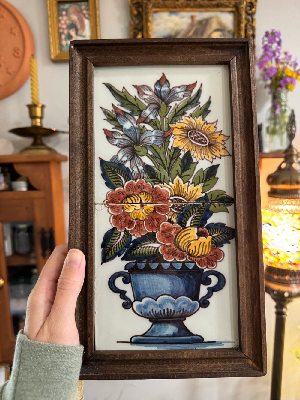 Vintage Antique Wooden Framed Flower Pot Delft Polychrome Tile Art
